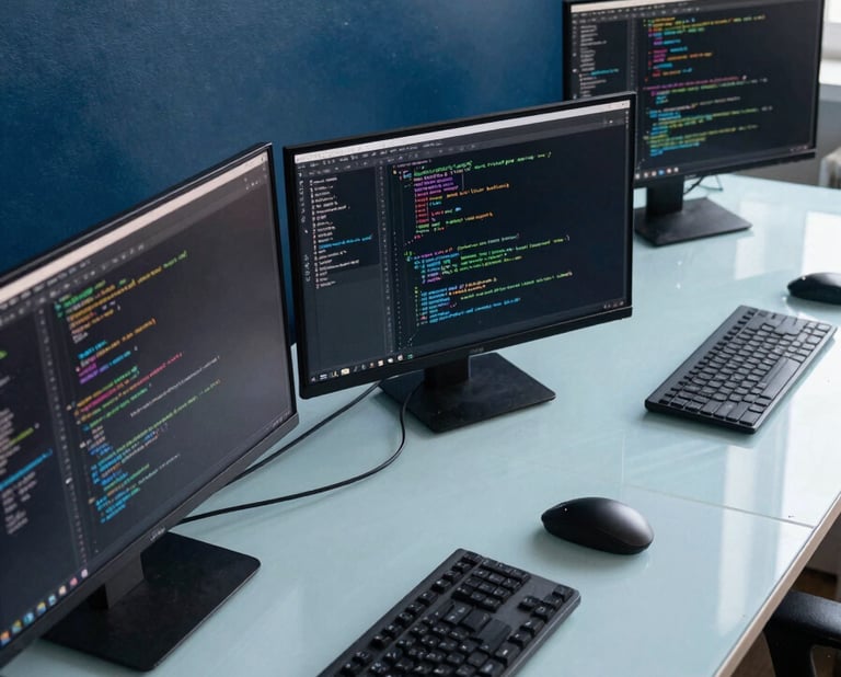A high-angle shot of a clean, modern workspace with multiple screens displaying code. The lighting is soft and natural. The room features a deep blue accent wall and a light ice blue desk, reflecting a sophisticated and innovative atmosphere.