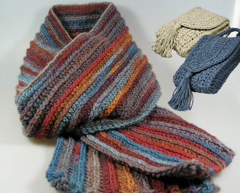 écharpe et cas au crochet en laine et coton