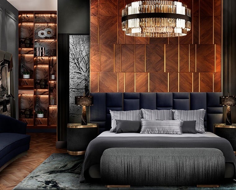 a bedroom with a bed and a couch