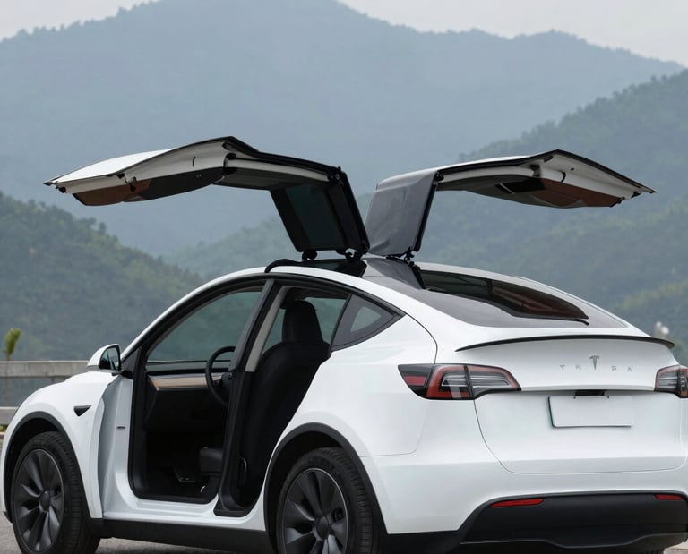 Dark luxury suv parked near modern buildings and plants.