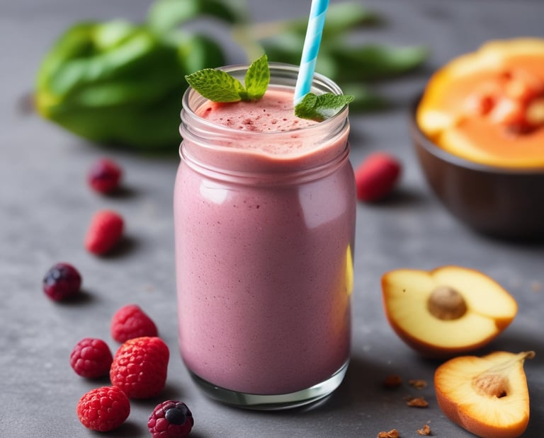 A jar of homemade protein smoothie with a straw on a kitchen counter