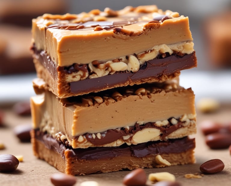 Close-up of a protein bar with nuts and chocolate chunks on a wooden table