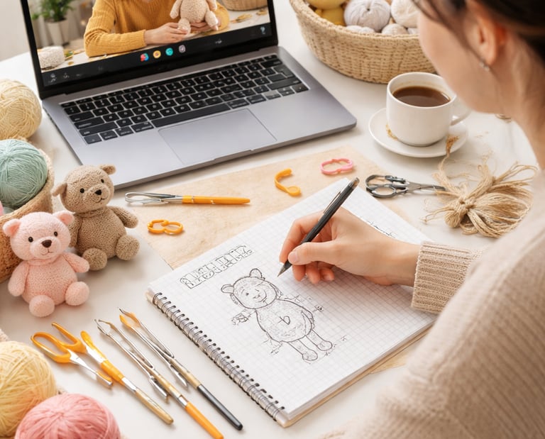 Mujer tomando una clase online de amigurumi mientras diseña el patrón de un oso en su laptop.