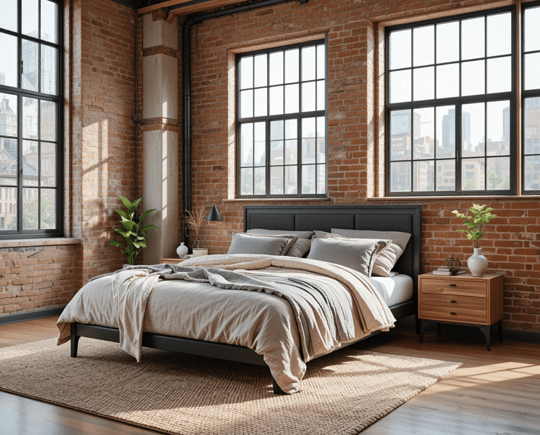 Dormitorio industrial moderno con pared de ladrillo visto, estructura de metal negro, mesillas de ma
