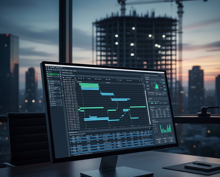 Construction project controls dashboard on computer with Gantt chart.