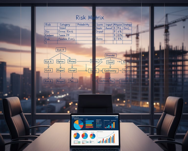 Risk management meeting with project team reviewing risk matrix.