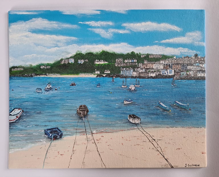 Acrylic on canvas board landscape painting of St Ives Harbor in Cornwall