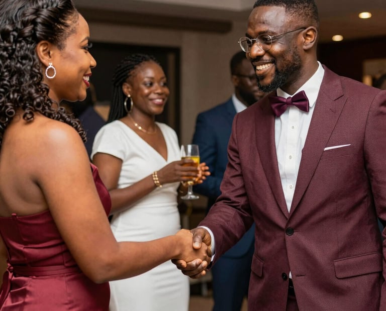 A confident lawyer shaking hands with a relieved client in a courtroom setting.