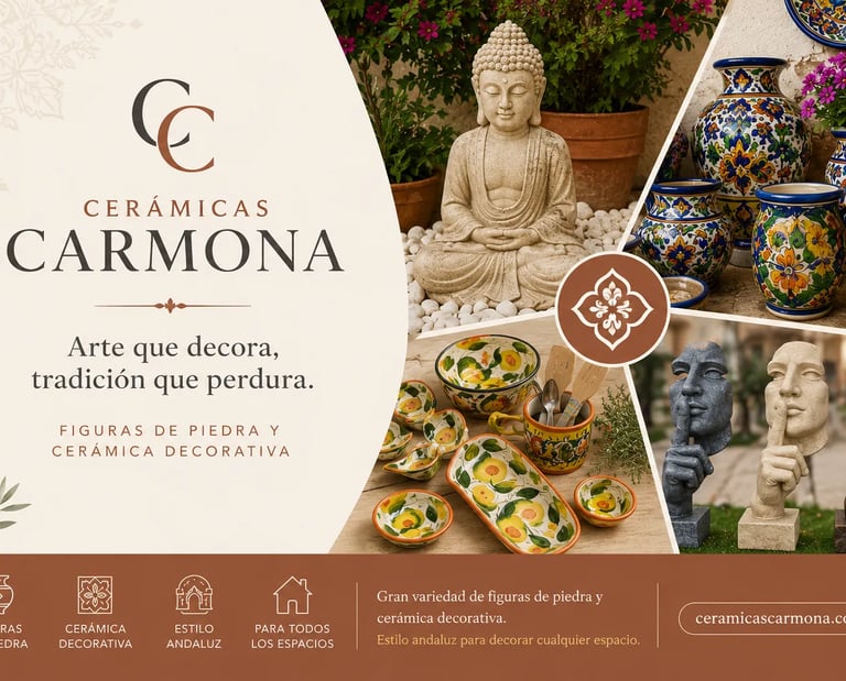 Ceramicas Carmona decorative ceramics and stone statues featuring Andalusian style pottery and Buddha figures.