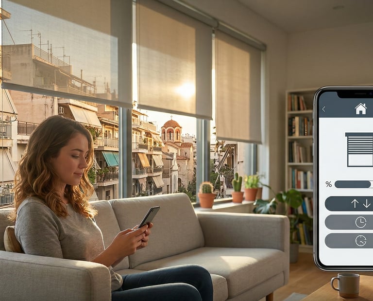 A woman controls smart blinds in her living room with a smartphone app, showcasing home automation and smart window