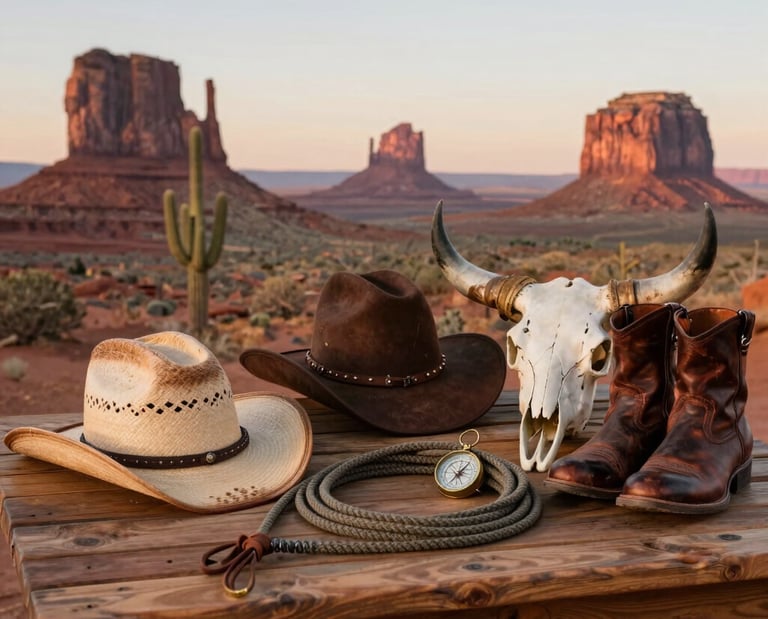 Trois chapeaux de cow-boy (paille, cuir, feutre), lasso et bottes sur une table devant Monument Valley.