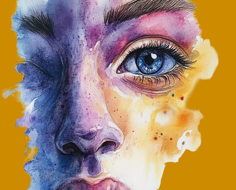 Watercolor book cover art for Finding Serendipity by D Lovell featuring a woman's face in purple and blue.