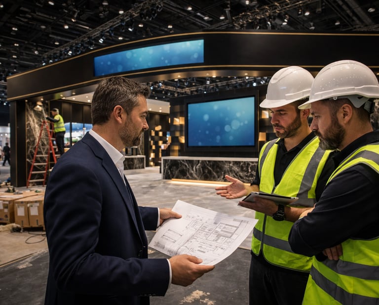 Project managers in hard hats and safety vests review floor plans at a convention center trade show setup.