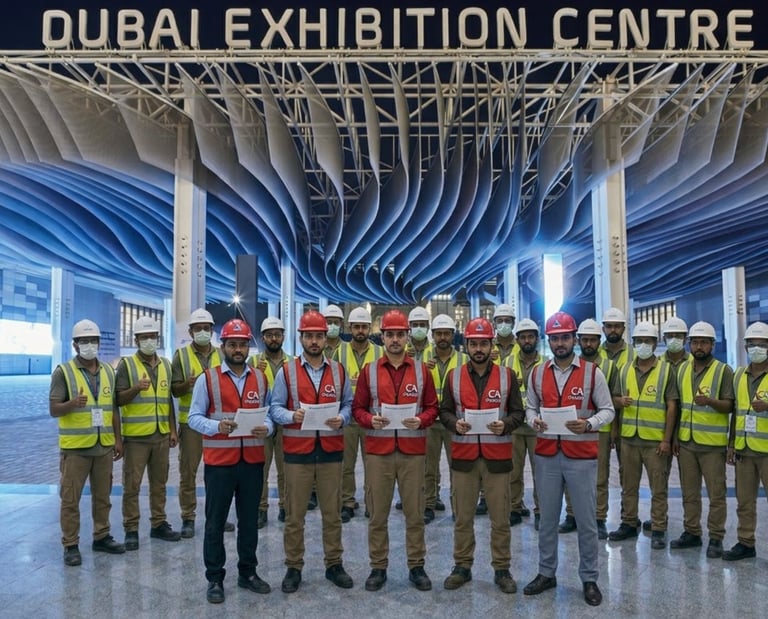 Capomio Team of workers with PM posing outside the Dubai Exhibition Centre entrance at night.