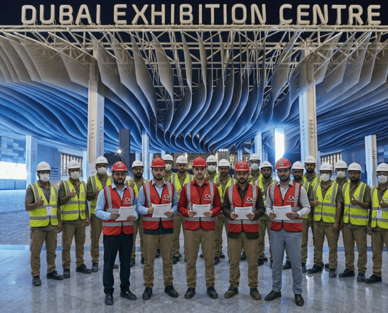 Construction workers in safety gear at the Dubai Exhibition Centre entrance for an event.