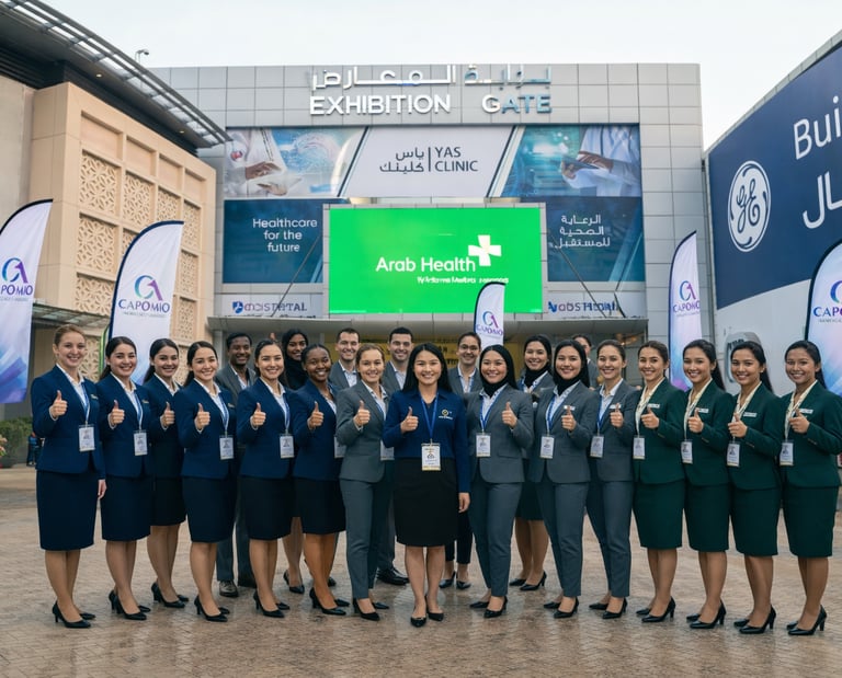 Professional event staff in business attire at the Arab Health exhibition entrance in Dubai.
