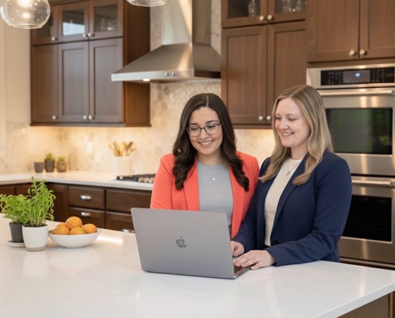 two women standing in front of a laptop computer