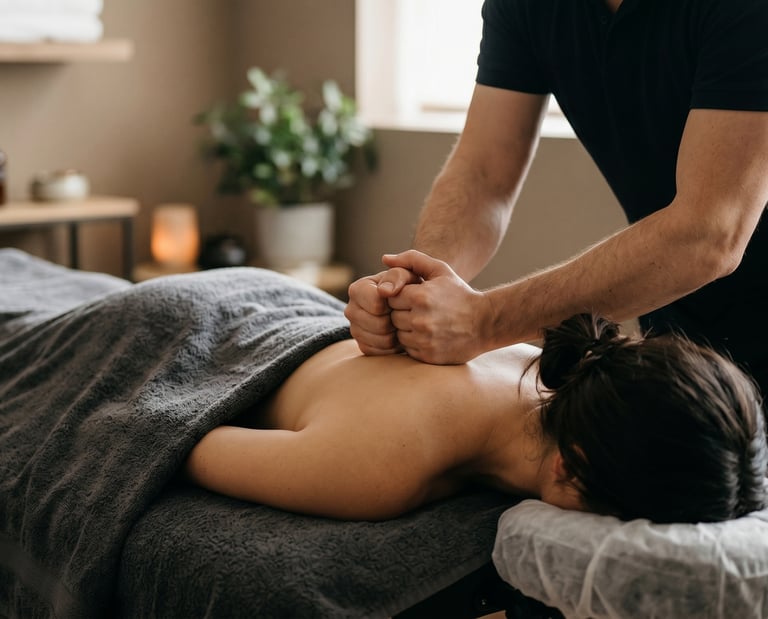 Male therapist applying deep tissue massage pressure to a female client's upper back.