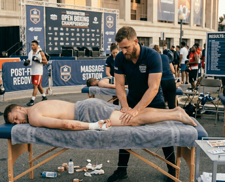Therapist performing an outdoor post-event sports massage on an athlete's hamstring.