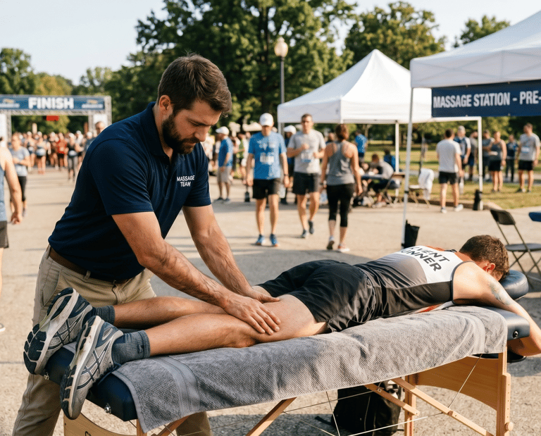 Sports therapist delivering an outdoor pre-event leg massage to a runner at a race.