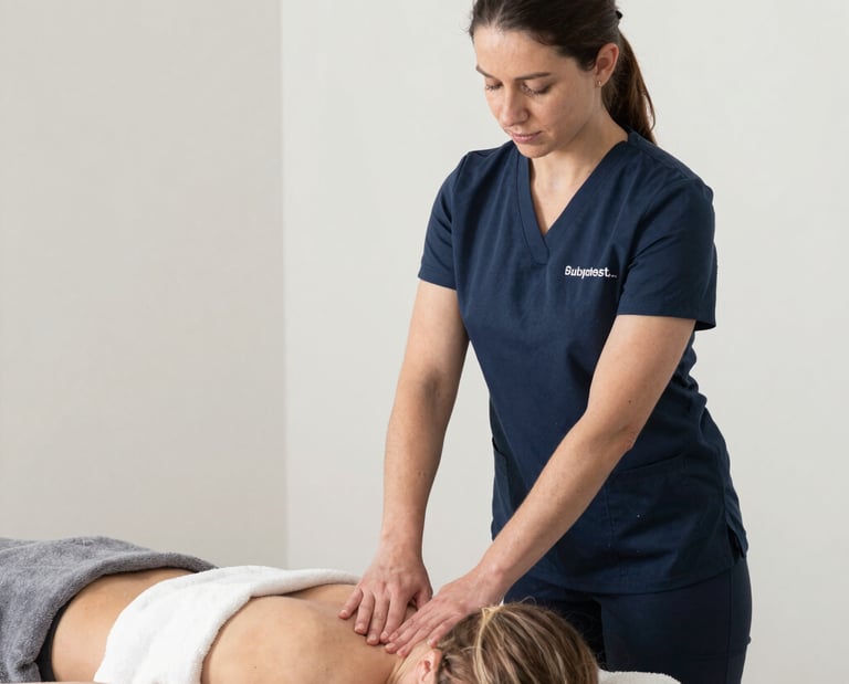 Therapist applying deep pressure to a female client's upper back and neck.