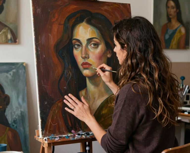 A warm studio scene showing Sónia Oliveira painting a symbolic portrait with rich, deep colors.