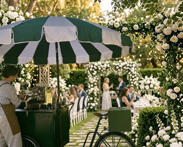 Barista an einer mobilen Kaffeestation bei einer eleganten Gartenhochzeit im Freien. 