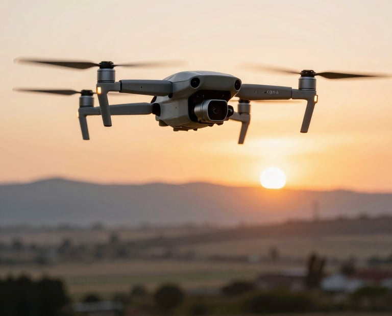 A professional drone pilot instructing a student outdoors, both focused and surrounded by green fields under a clear sky.