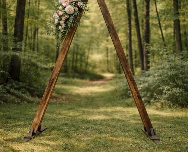 Rustic wooden triangle wedding arch with pink roses and greenery in a forest setting.
