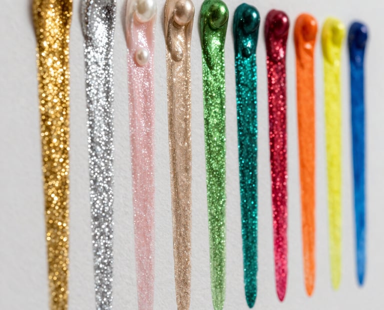 A vibrant display of colorful paint swatches arranged by series and shimmer.