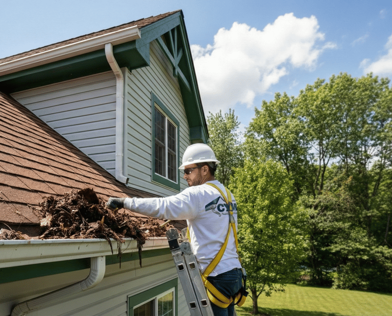 Professional gutter cleaning service removing debris from gutters in Durham NC