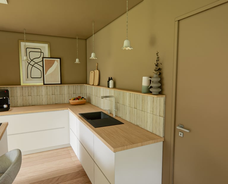 Cuisine équipée, ton blanc et bois