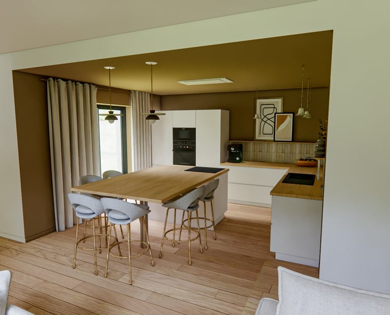 Cuisine équpée moderne, façades blanches, plan de travail en bois