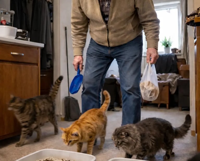 senior avec plusieurs chats à la maison qui a besoin du service litière la vie sans crotte