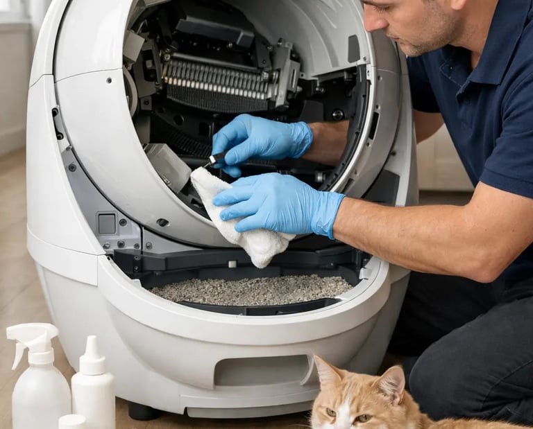 technicien La Vie Sans Crotte qui réalise un entretien approfondi premium du robot d'un client