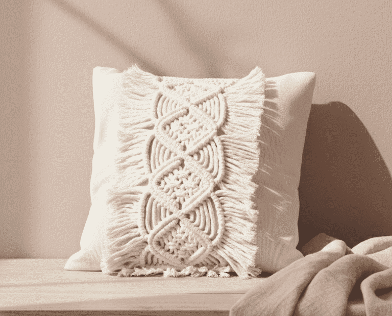 funda para cojin decorativo, con tejido macrame en color crudo, tejido a mano por kaalm mx