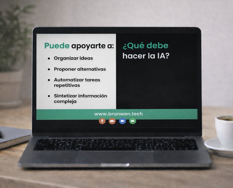 Laptop screen showing a Spanish presentation on how AI can help organize ideas and automate tasks.