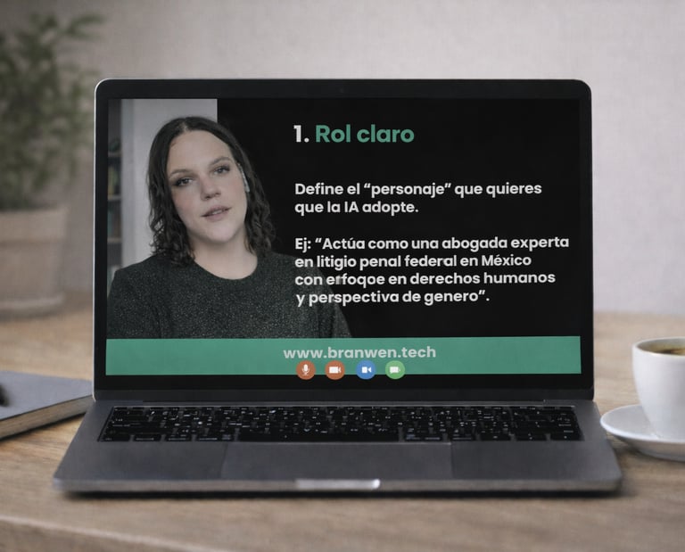 Laptop screen showing a woman giving a lesson on defining clear roles for AI prompts in Spanish.