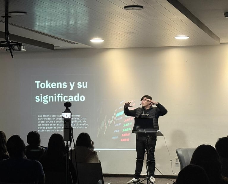 A speaker presents a seminar on AI tokens and their meaning at a technology conference.