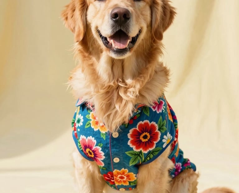 A smiling Golden Retriever dog wearing a colorful floral Hawaiian print pet shirt.