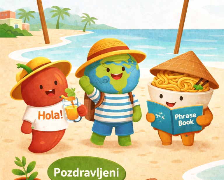 Explorino is learning new languages with his friends on a beach