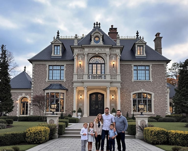 a family in front of large house