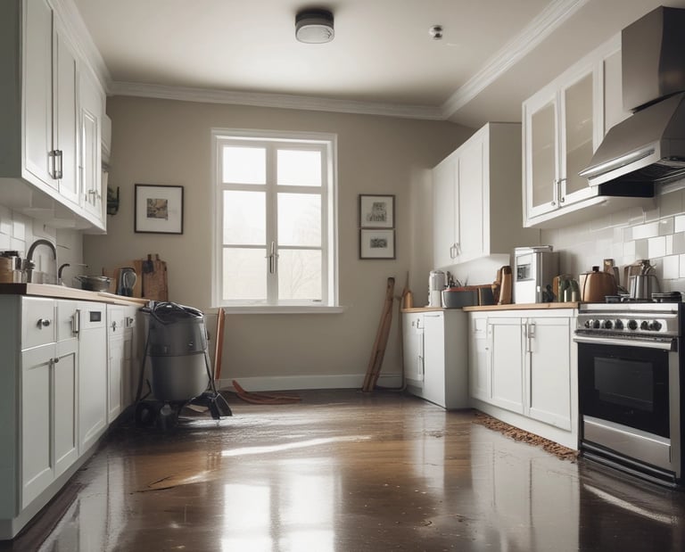 An indoor space under renovation, featuring a bar counter with various construction materials and tools scattered around. The walls are decorated with floral wallpaper. Multiple pendant lights hang from the ceiling, casting a warm glow. A ladder and several cardboard boxes are visible in the background.