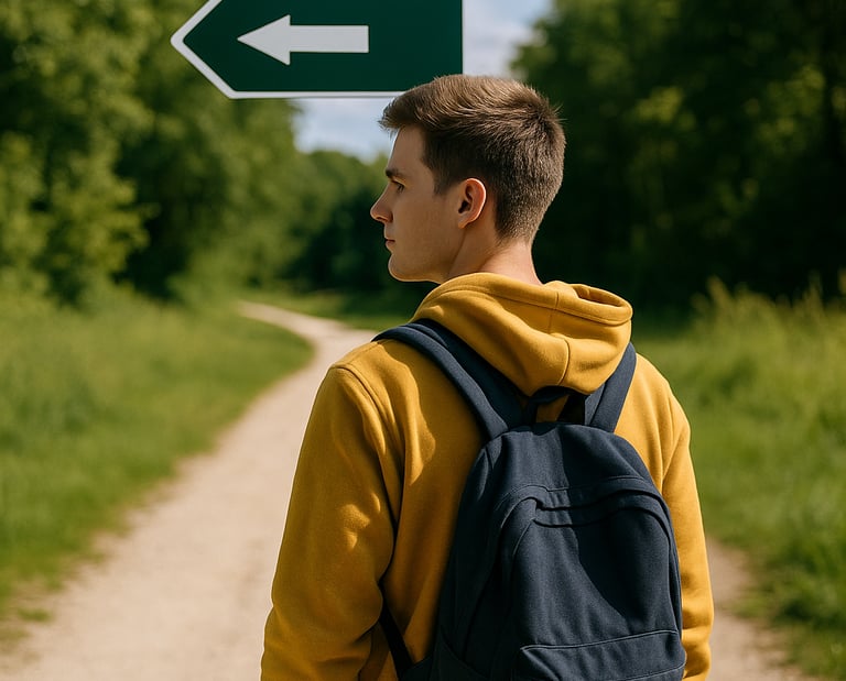 student at crossroad sign