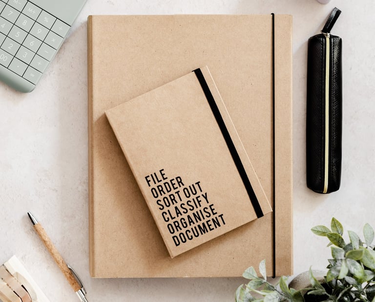 Notebooks, with one labeled 'file, order, sort out, classify, organize, document'.