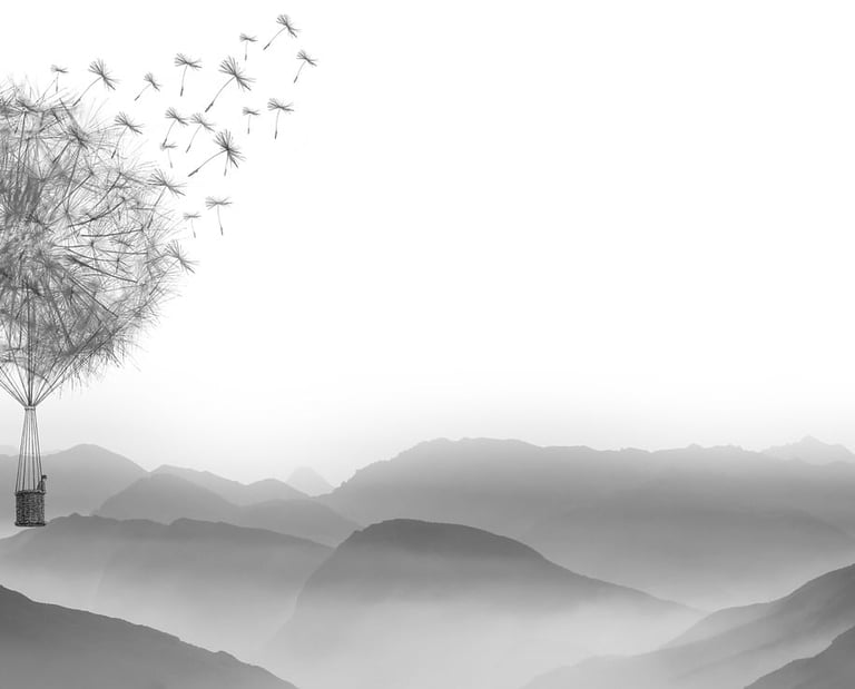 Dandelion hot air ballon over mountainscape