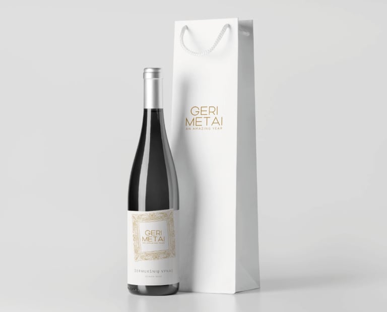 clear rowan wine label on a dark bottle and a gift bag with a logo