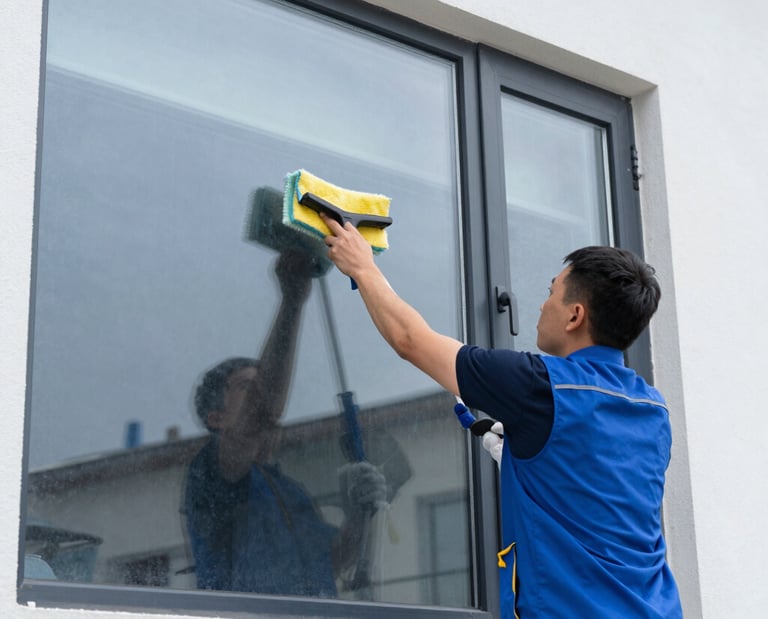 A professional cleaning technician washing large windows in a bright office.