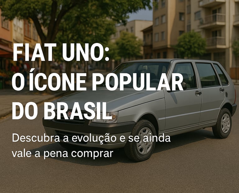 Fiat Uno prata estacionado em rua urbana com chamada sobre sua popularidade no Brasil
