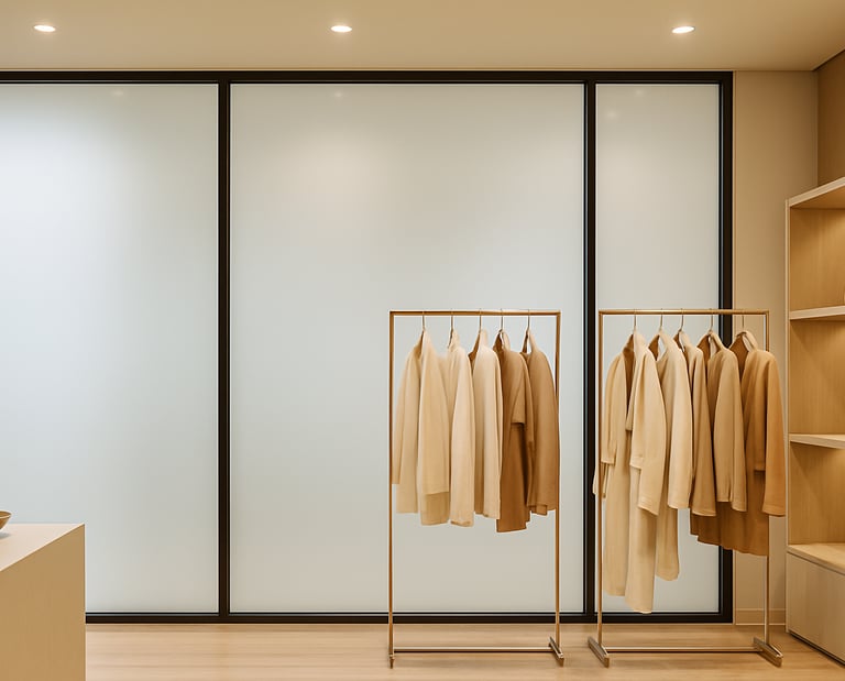 Showroom di moda con parete in vetro opacizzata da pellicola LCD, allestimento curato